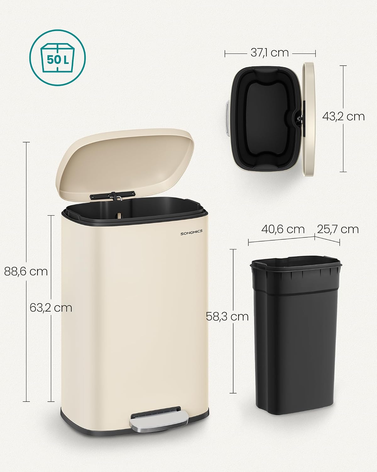 Detalle 2 de SONGMICS Mülleimer Küche LTB050A02 (50 Liter) mit Softclose, Fußpedal und Inneneimer