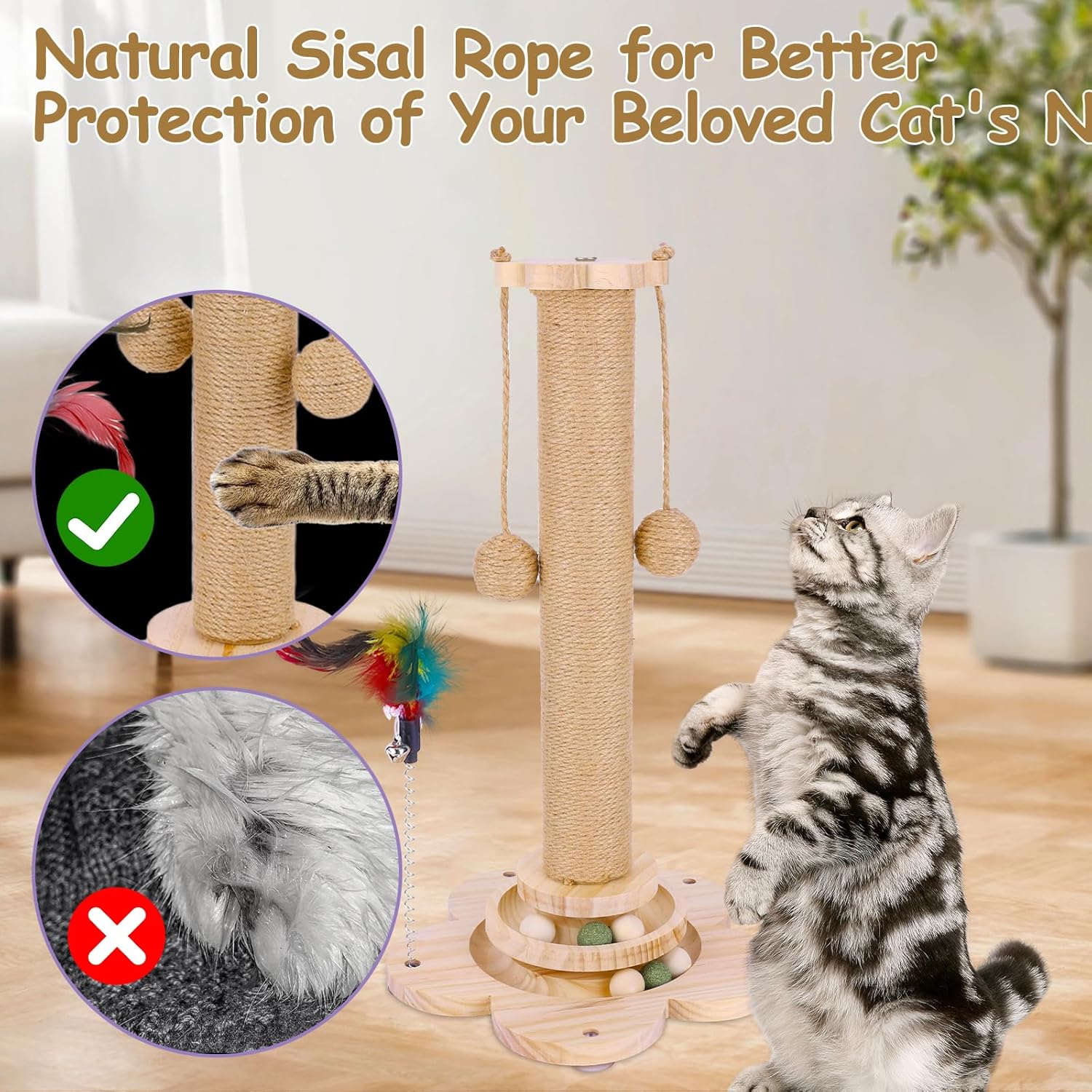 Detalle de OFC Lenw Sisal Cat Scratching Post — 50cm Tall with Interactive Track Ball Toy