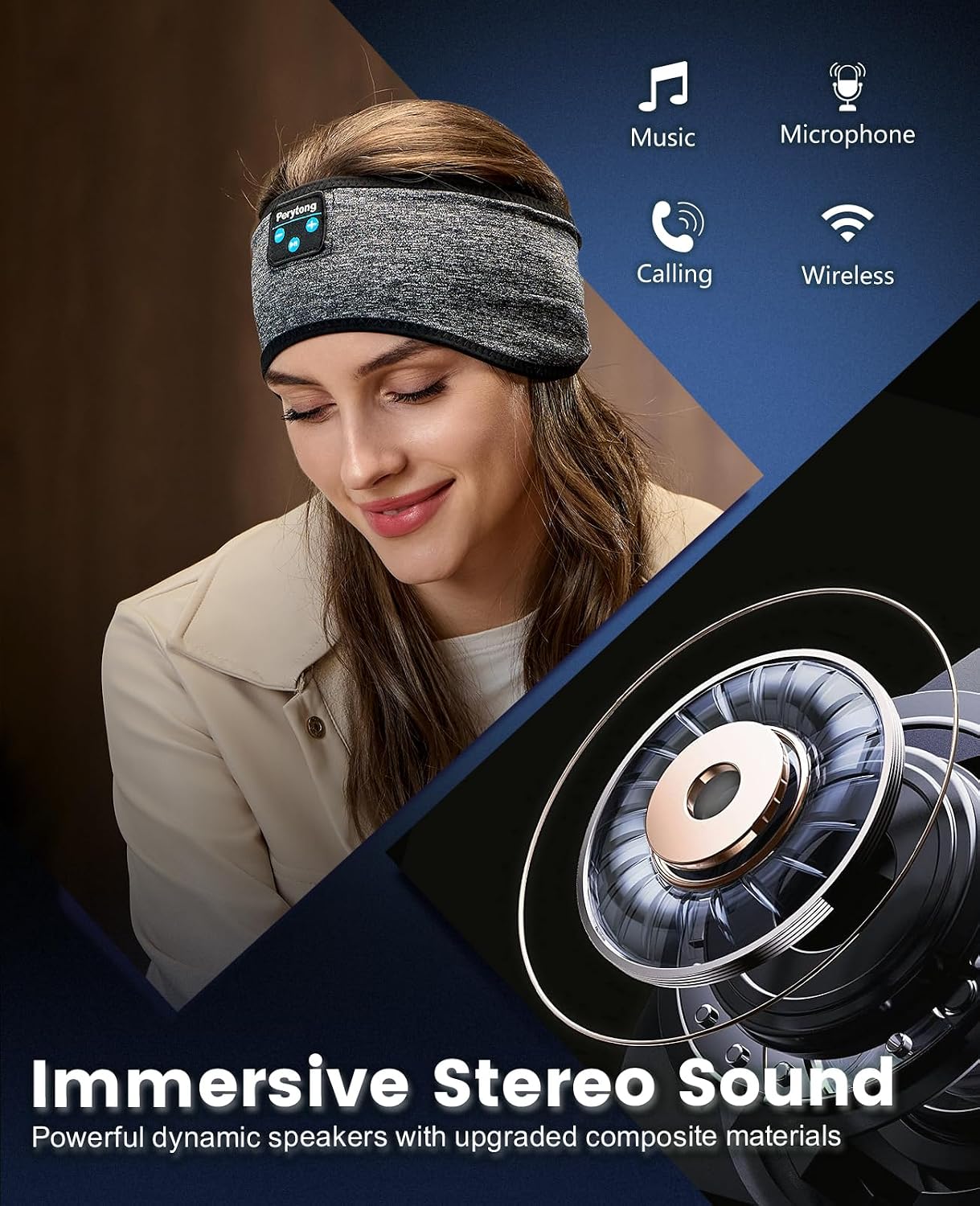 Detalle 2 de Perytong Bluetooth Headband Headphones, Spandex, Bluetooth 5.4, 40mm Drivers