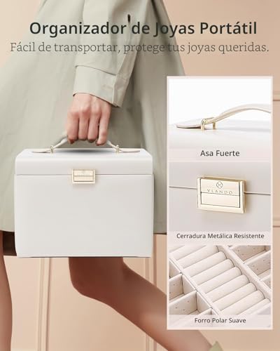 Detalle 2 de Vlando Caja grande para joyas con 4 niveles: joyero de PU cuero, espejo y cajones