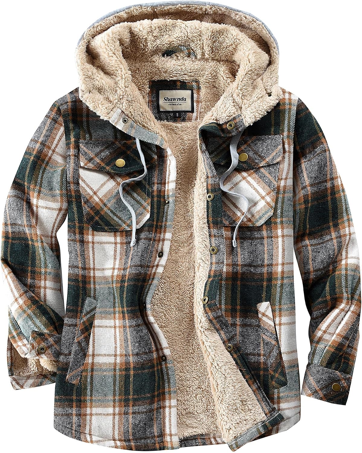 Detalle de Shawnda Men's Hooded Sherpa-Lined Flannel Shirt Jacket with Snap Front