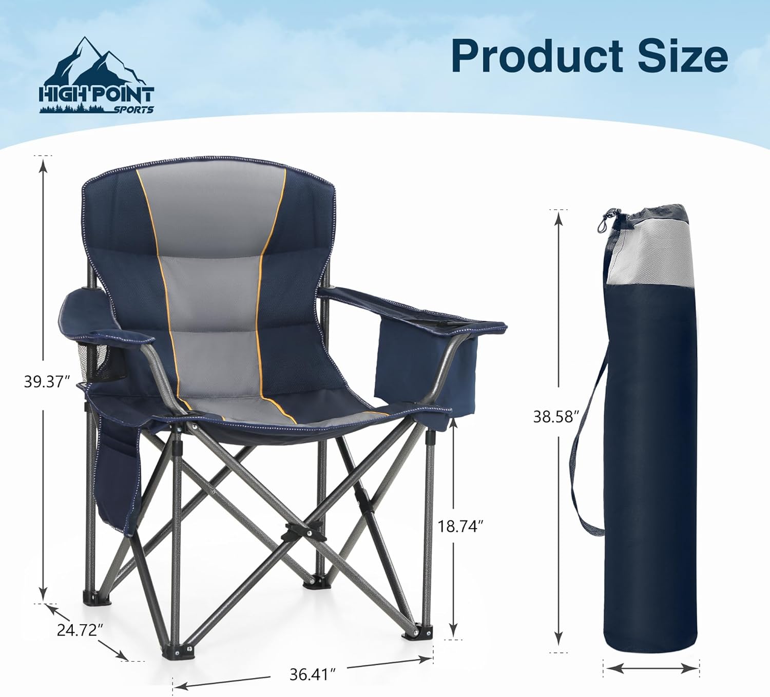 Detalle de HIGH POINT SPORTS Übergroßer Campingstuhl – XXL Klappstuhl mit Kühltasche, Armlehnen und Getränkehalter