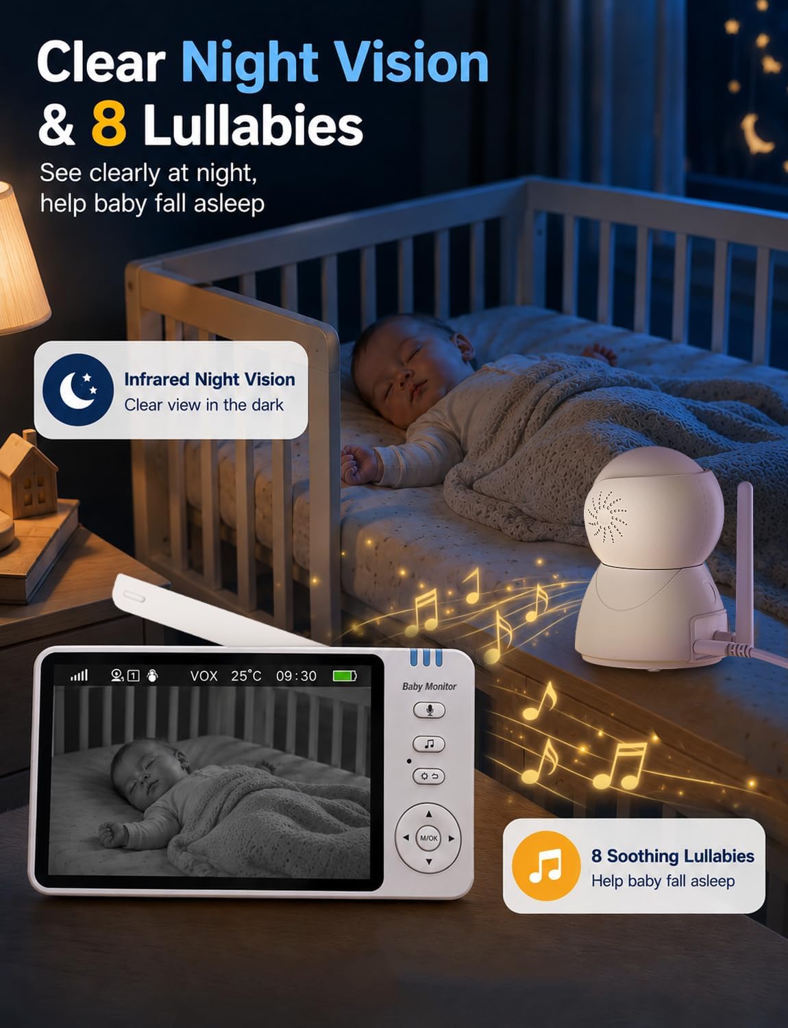Thumbnail 5 de Baby Monitor with Camera and Night Vision (5" 720P) – No WiFi, VOX Power, 300m Range