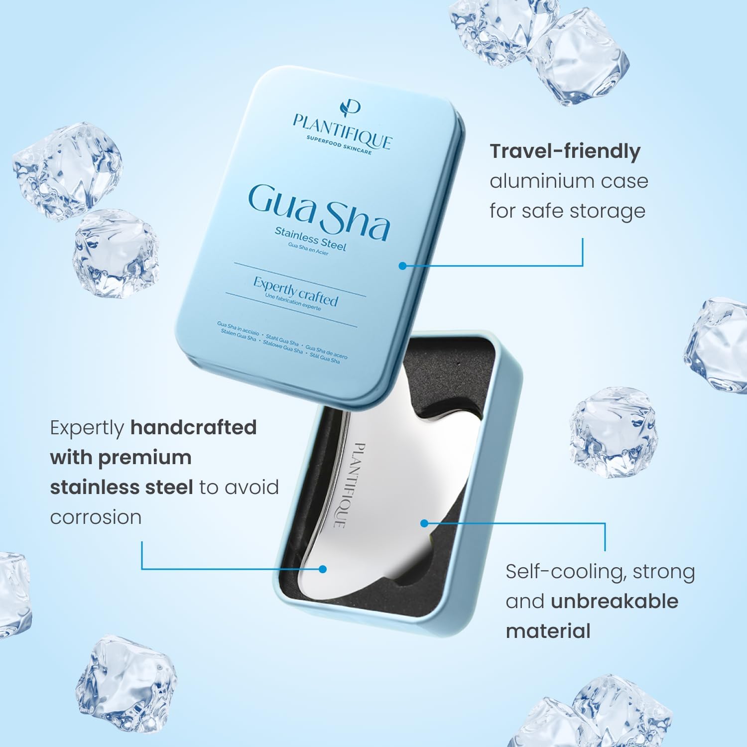 Detalle de PLANTIFIQUE Stainless Steel Gua Sha Facial Tool (Heart-Shaped) with Travel Pouch