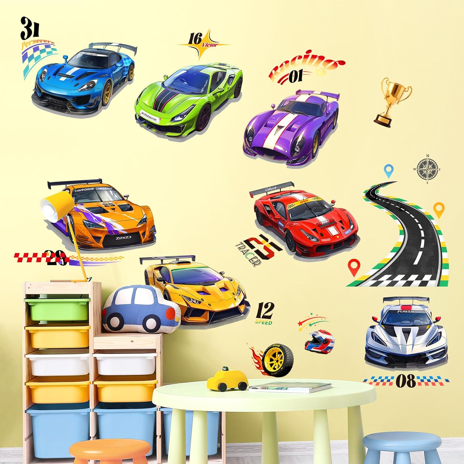 Thumbnail 2 de Tanlaby Wandtattoo Auto 7 Rennwagen – Rennstrecke als Wandaufkleber für Kinderzimmer