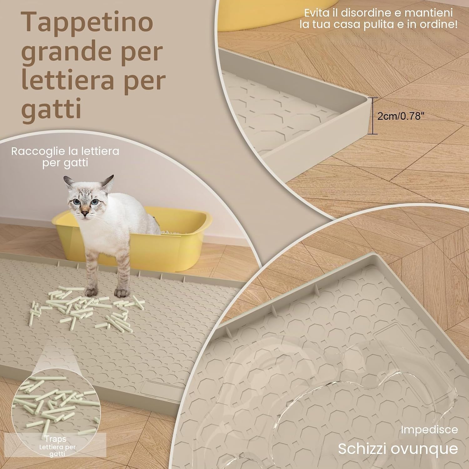 Detalle de Tappetino in silicone per lettiera per gatti grande 86x57 cm: antiscivolo, impermeabile e bordi rialzati