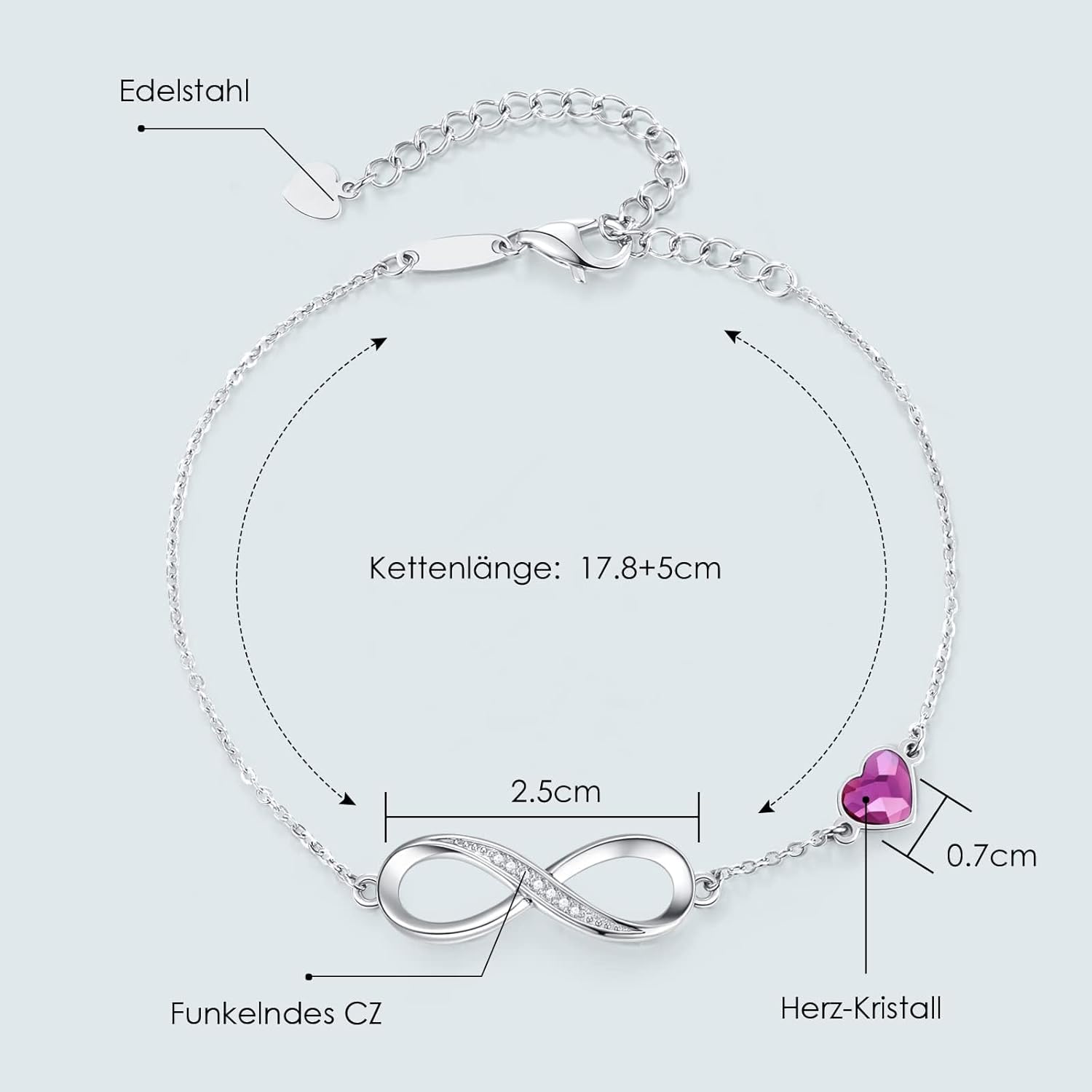 Thumbnail 3 de Infinity Armband für Damen mit Herz-Anhänger, 925 Sterling Silber Roségold – verstellbar mit Kristallen