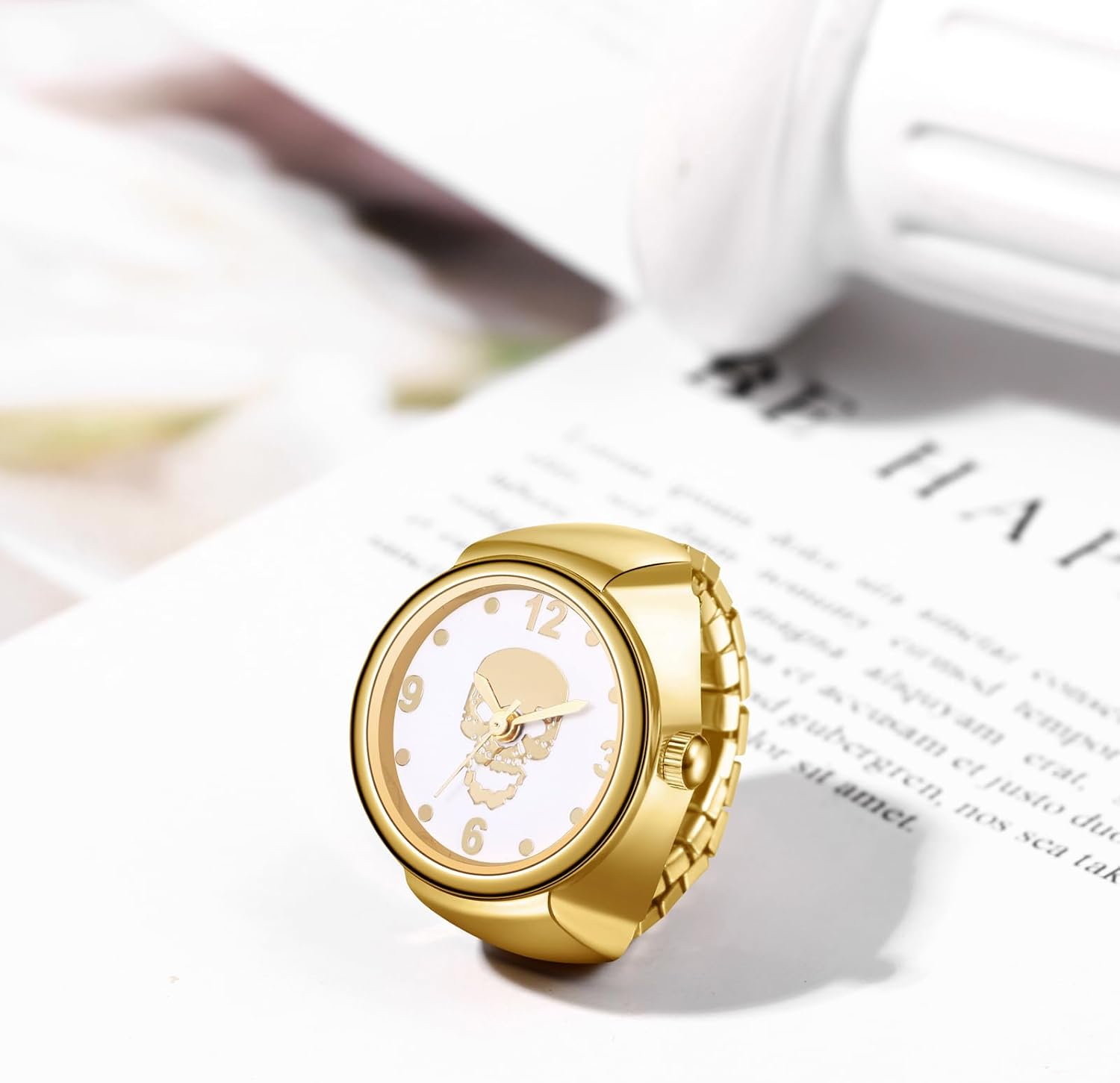 Detalle de JewelryWe Ringuhr Damen Elastische Fingeruhr – Gold, Totenkopf-Design, Quarzwerk