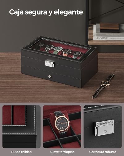 Detalle de SONGMICS Caja de Reloj con Tapa de Cristal, 2 Niveles para 12 Relojes