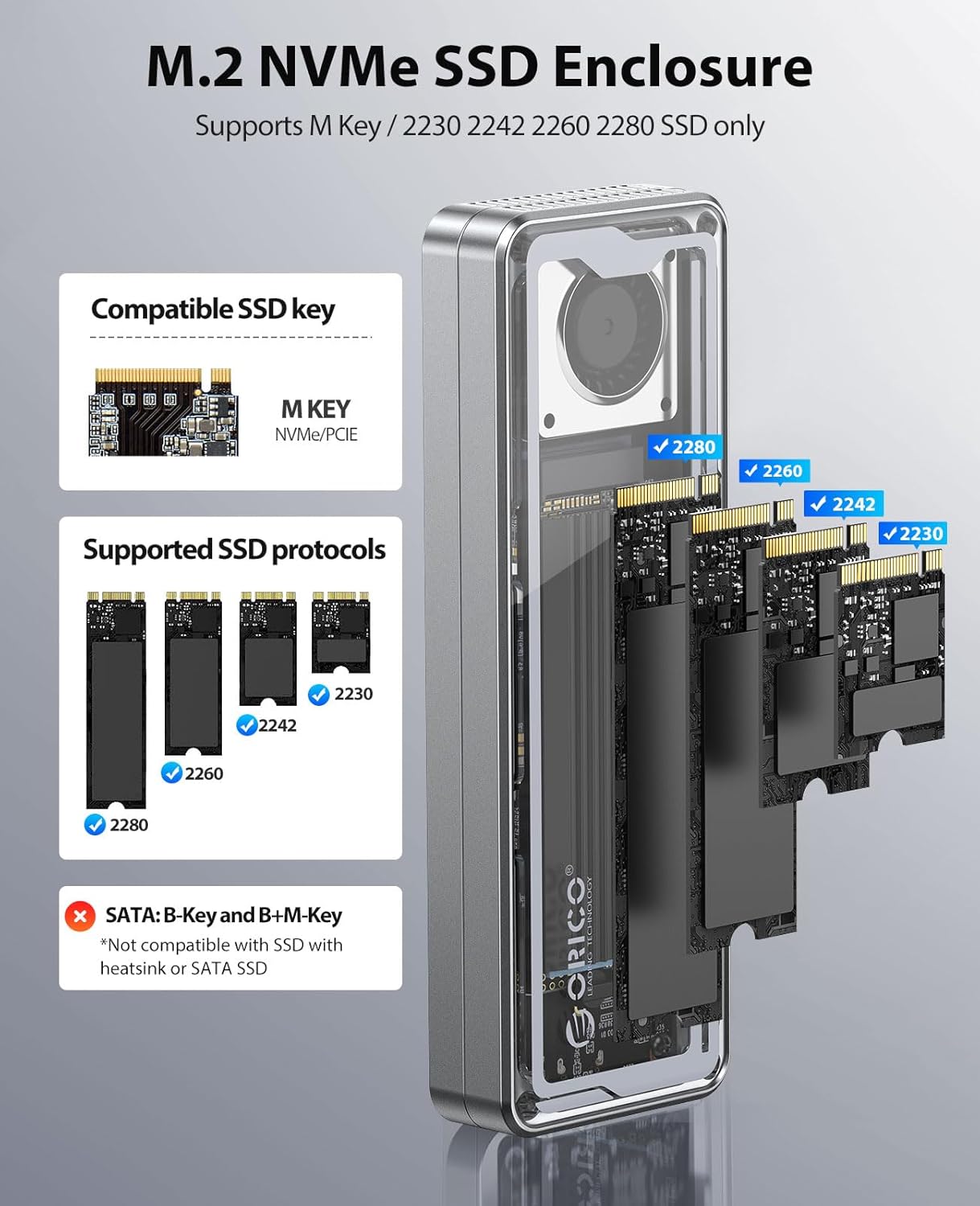 Detalle de ORICO boîtier externe SSD M.2 NVMe USB4 40 Gbps avec ventilateur intégré (M-Key) pour 2230/2242/2260/2280