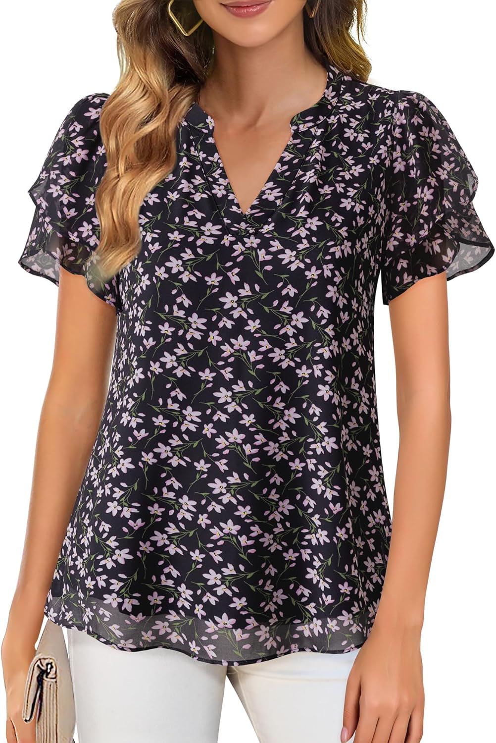 Thumbnail 2 de Lotusmile Women's Dressy Chiffon Blouses: Summer Puff Petal Short Sleeve V-Neck Top