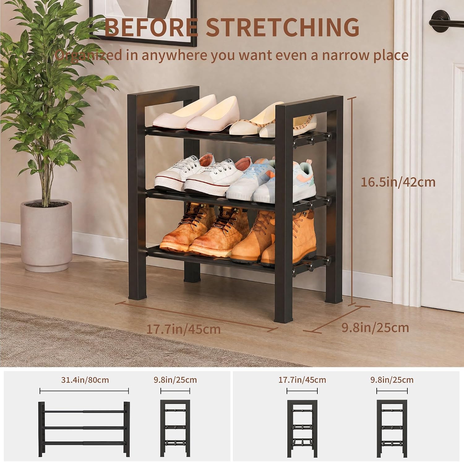 Thumbnail 1 de HDDTTZ 121 Expandable 3-Tier Iron Shoe Rack, Adjustable 17–31 Inches