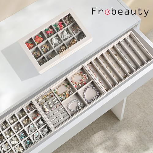Detalle de Frebeauty Organizador de joyas 5 en 1 apilable con tapa de cristal y forro de terciopelo