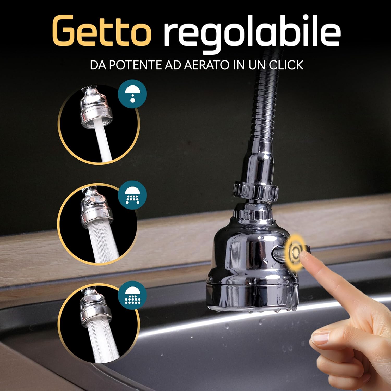 Detalle 2 de Aeratore rubinetto cucina con snodo 360° universale, rompigetto antispruzzo e prolunga con adattatore Generico