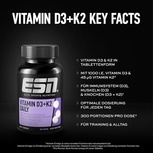 Detalle de ESN Vitamin D3 + K2 Daily 300 Tabletten – 1000 I.E. D3 + 45 µg K2 (MK-7) pro Tag