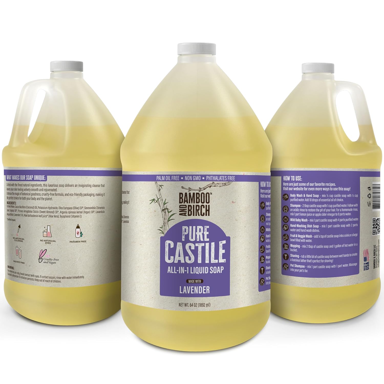 Detalle de Bamboo and Birch Pure Castile Soap Liquid (Lavender) — 64 oz, natural palm-oil-free liquid soap