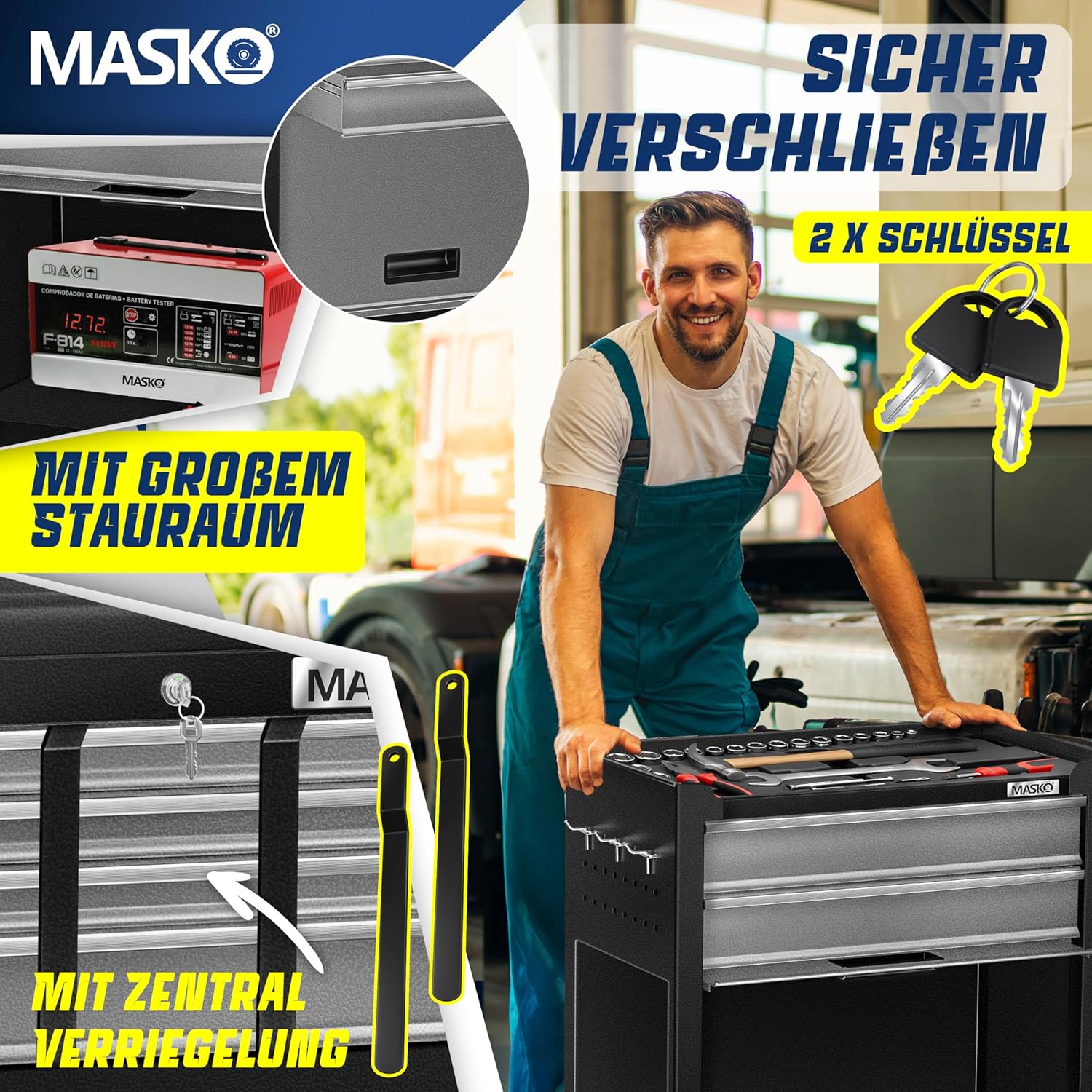 Thumbnail 4 de MASKO Werkstattwagen inkl. Koffer mit 9 Fächern, abschließbar – mobiler Werkzeugwagen aus massivem Metall (Schwarz/Grau)