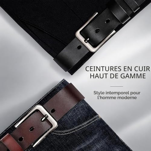 Thumbnail 8 de VRLEGEND Ceinture homme en cuir véritable noir, 3,8 cm, 110 cm