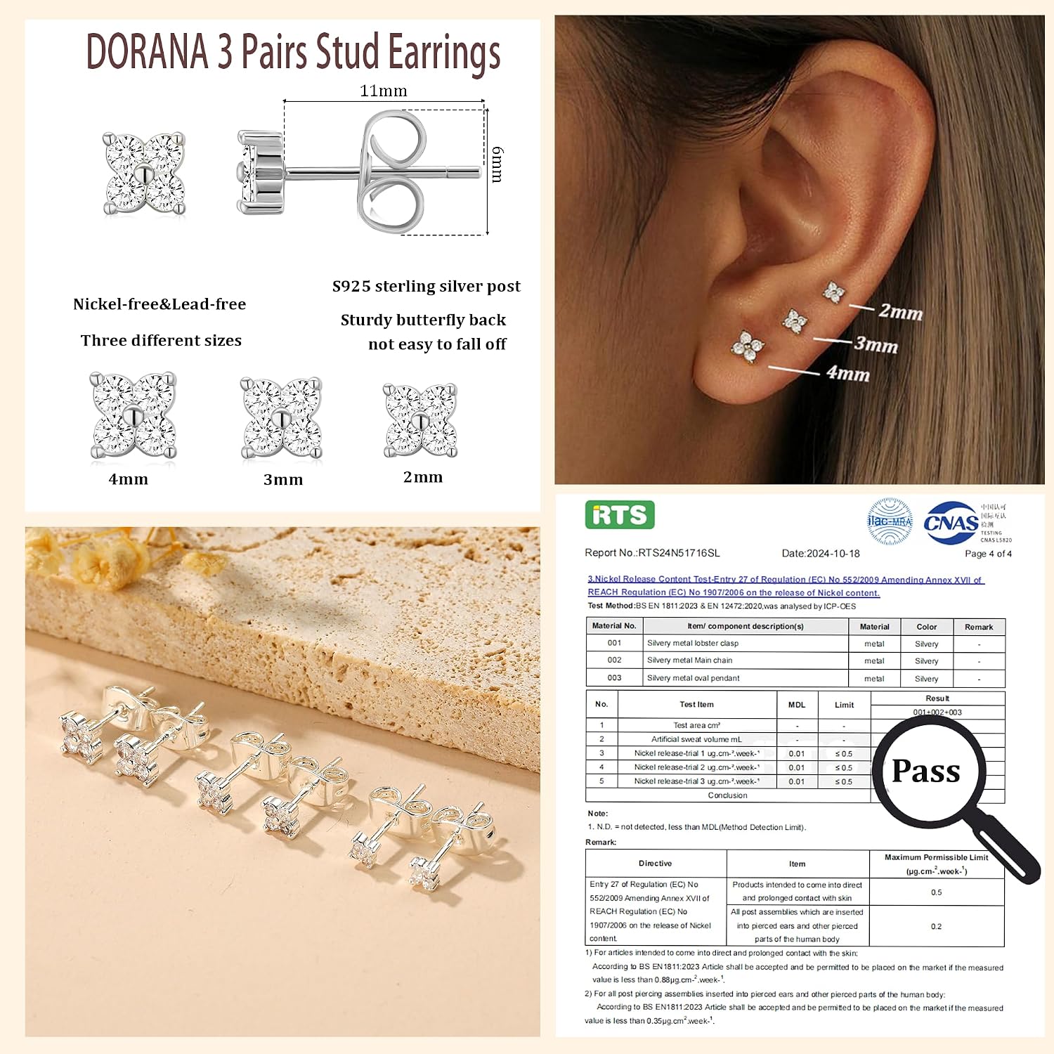 Detalle de DORANA 3 Pairs 925 Sterling Silver Stud Earrings for Women