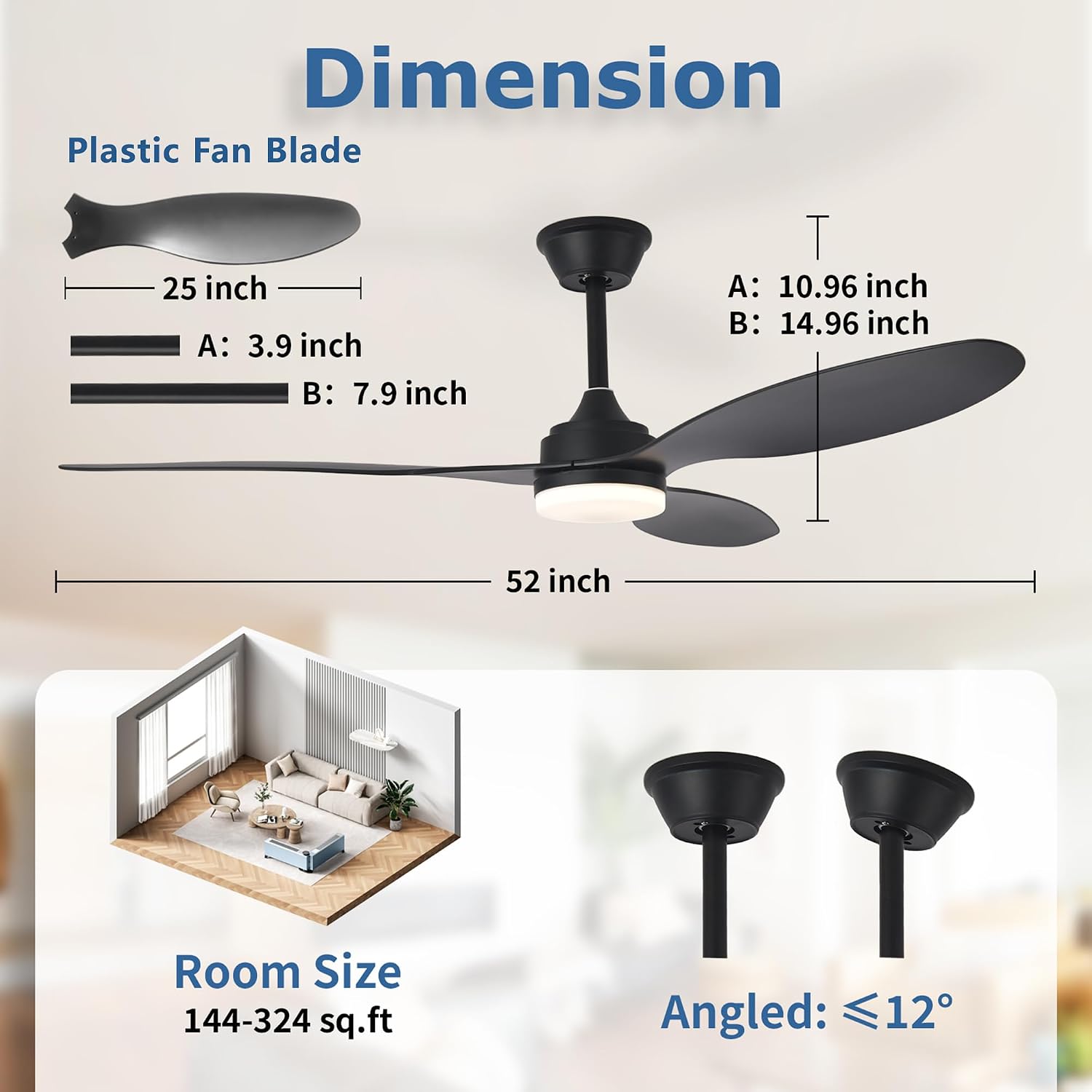 Detalle 2 de MuyuTc MY-CF01-L52-Black 52-Inch Ceiling Fan with Dimmable LED and Remote