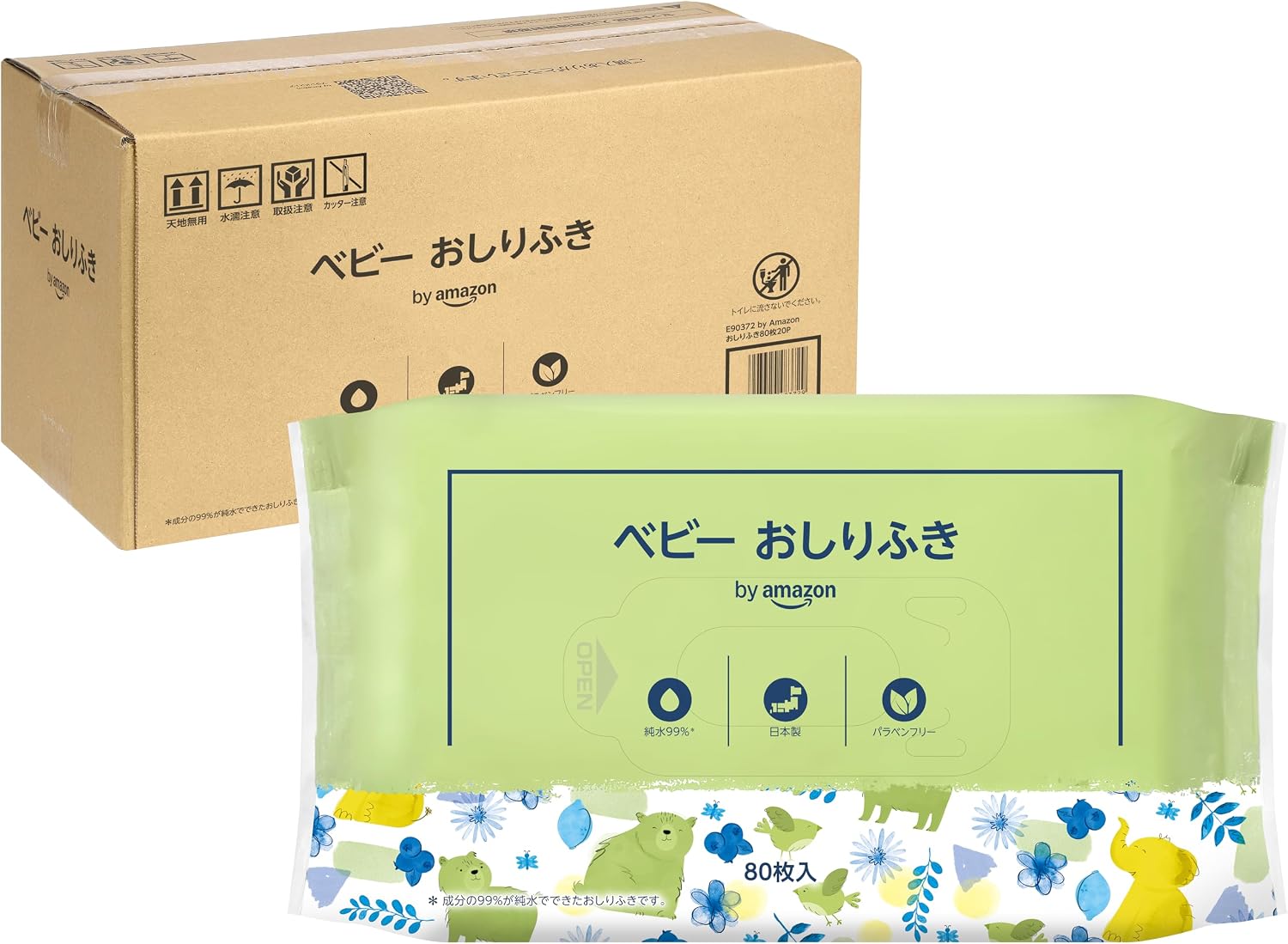 Detalle de by Amazon ベビーおしりふき 純水99%以上・無香料・パラベンフリー 日本製 80枚×20個