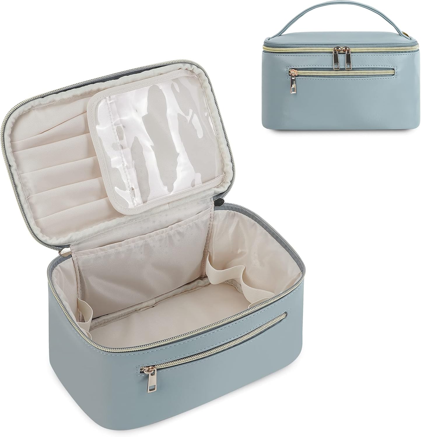Detalle de Wandering Nature Travel Makeup Bag with Brush Compartment (Greyish Blue) – PU Vegan Leather Case with Handle