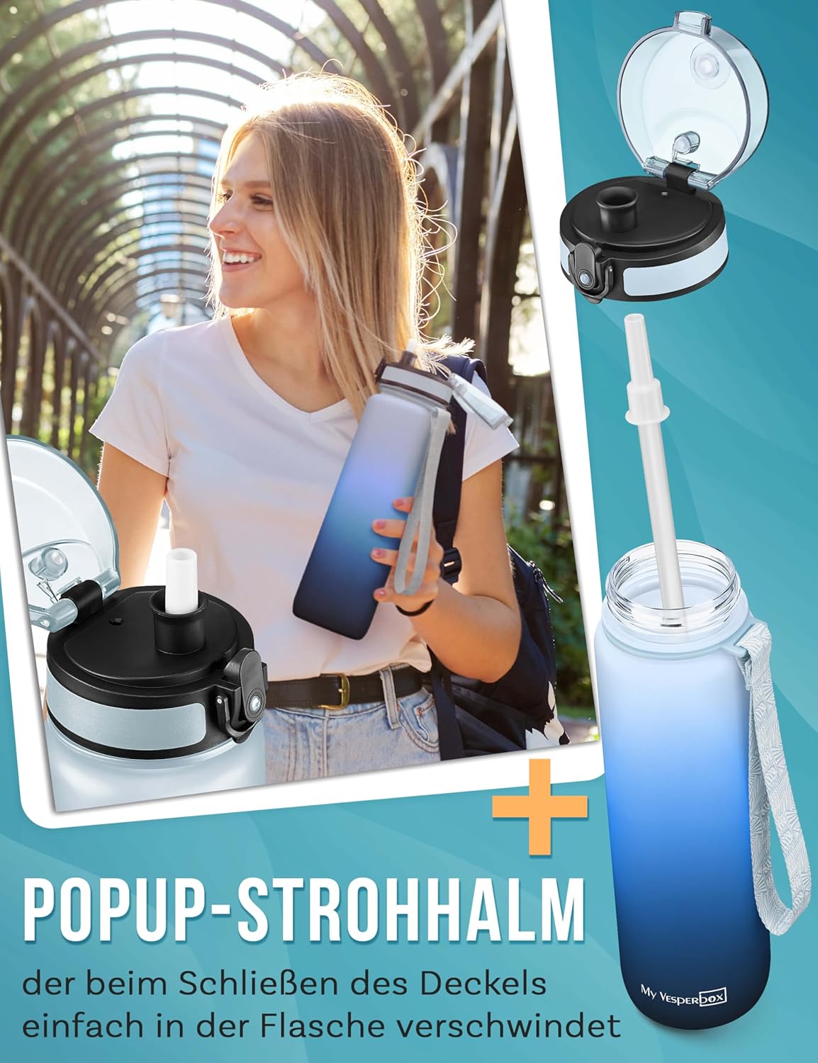 Thumbnail 4 de My Vesperbox Minny Kinder-Trinkflasche auslaufsicher 750 ml (Blauverlauf) mit Strohhalm oder Sieb, BPA-frei