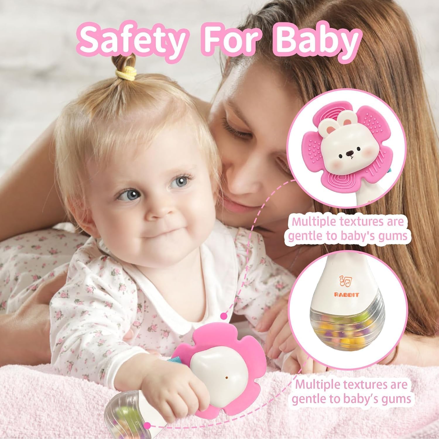 Thumbnail 3 de 2 Pcs Baby Rattles Teething Toys for 0-12 Months (Pink & Green) – Multi-Sensory Teether & Rattle Set