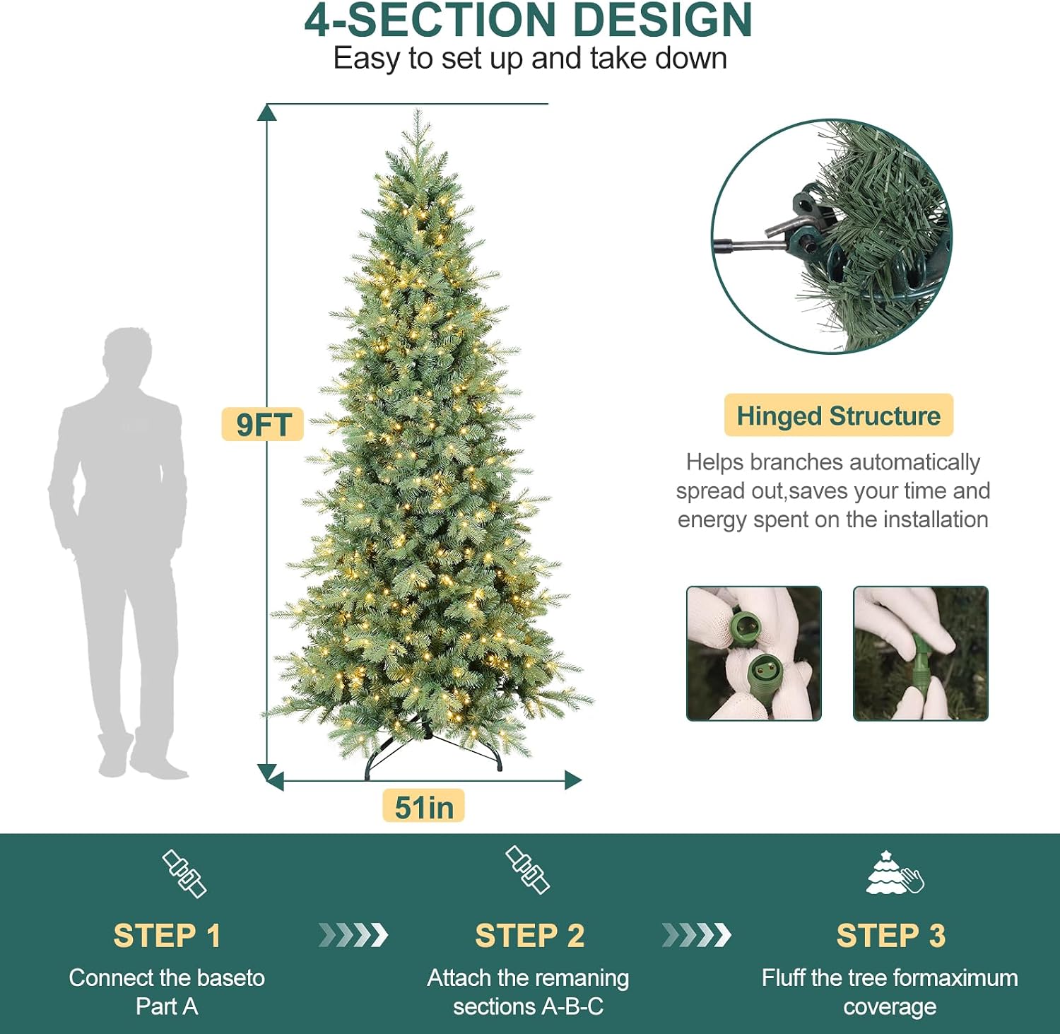 Thumbnail 6 de ClouFairy CF-HTC90T-2470T-650L 9-Foot Slim Christmas Tree, 2,470 Tips