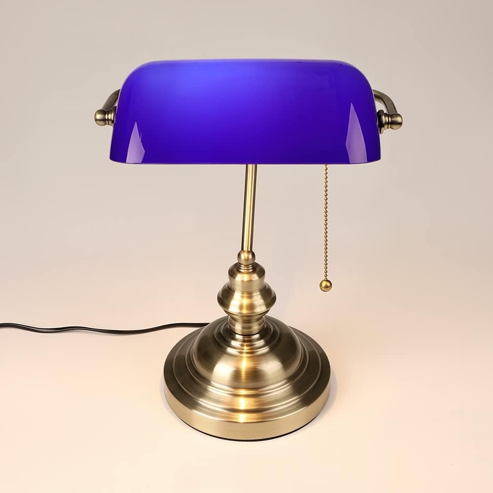 Detalle de FIRVRE Tischlampe Blau Glas Vintage – Bankerlampe mit Zugkettenschalter