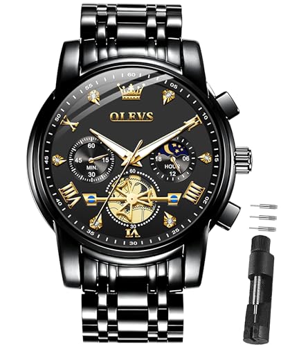 Detalle de OLEVS Armbanduhr Herren – Klassisch Schwarz Edelstahl 42 mm, Multifunktionsuhr, 3 Bar Wasserdicht