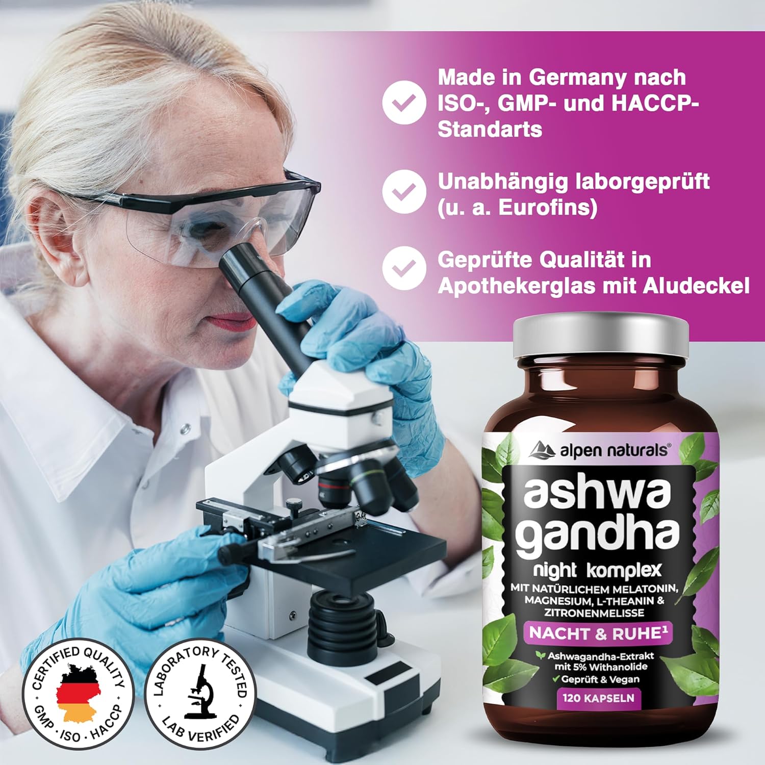 Thumbnail 4 de Ashwagandha Night Komplex – 120 vegane Kapseln mit natürlichem Melatonin, Magnesium & Vitaminen (Made in Germany, laborgeprüft)