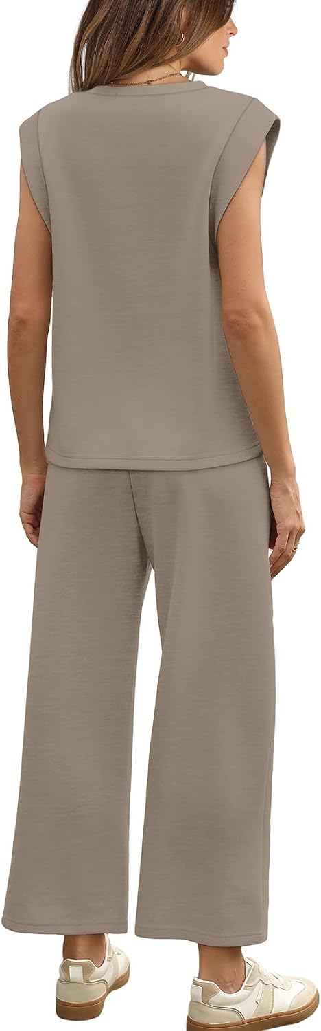 Detalle de WIHOLL Two-Piece Set for Women: Summer/Spring Lounge Outfit with Cap Sleeve Top & Wide-Leg Cropped Pants