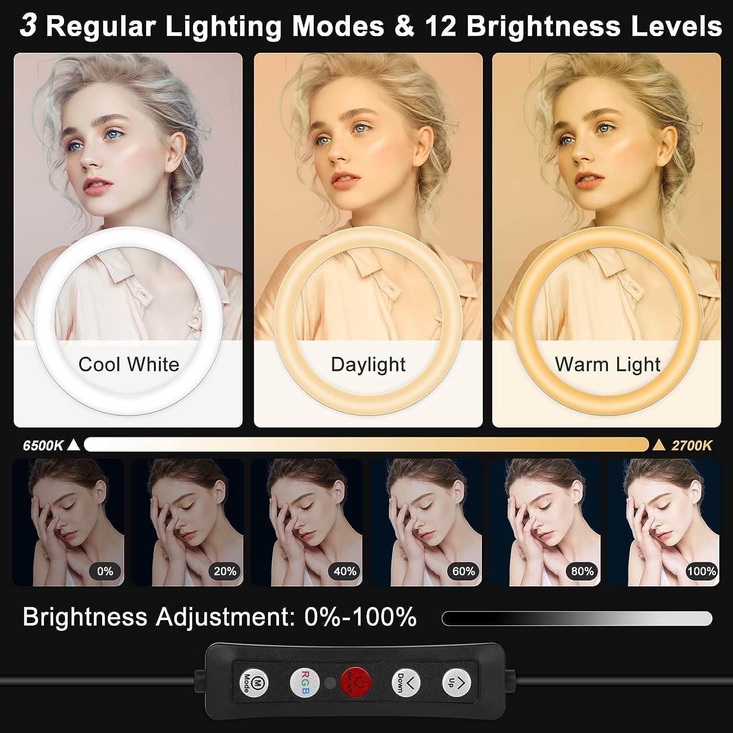 Thumbnail 1 de 10.3" Selfie Ring Light with Stand, Phone Holder & Bluetooth Remote (29 RGB Modes)