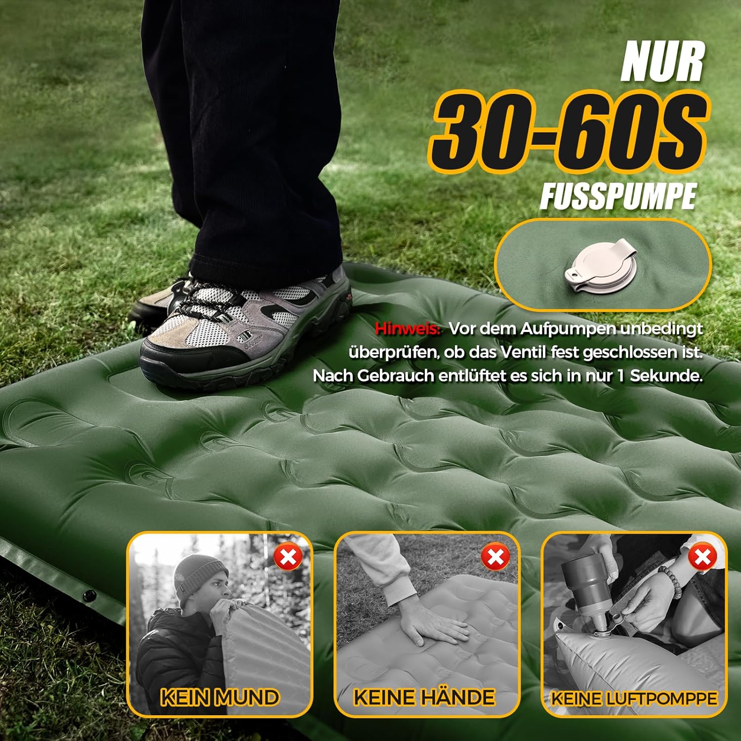 Detalle de NAPASA Isomatte Camping 14 cm – Verdickte, wasserfeste Luftmatratze mit integrierter Fußpumpe und Kissen (Grün)