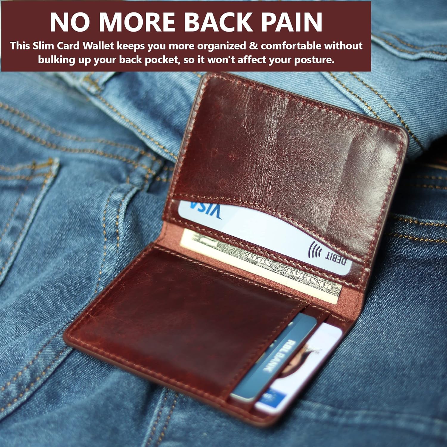 Detalle de FOXHACKLE Leather RFID Blocking Card Wallet – Slim Front Pocket Bifold