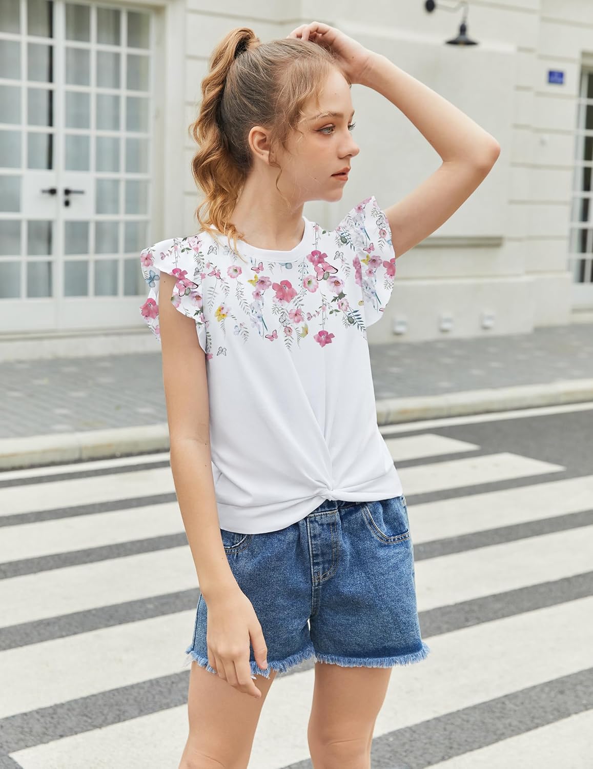 Thumbnail 3 de Arshiner Fille 5-12 Ans – T-shirt été à manches courtes avec twist et volants