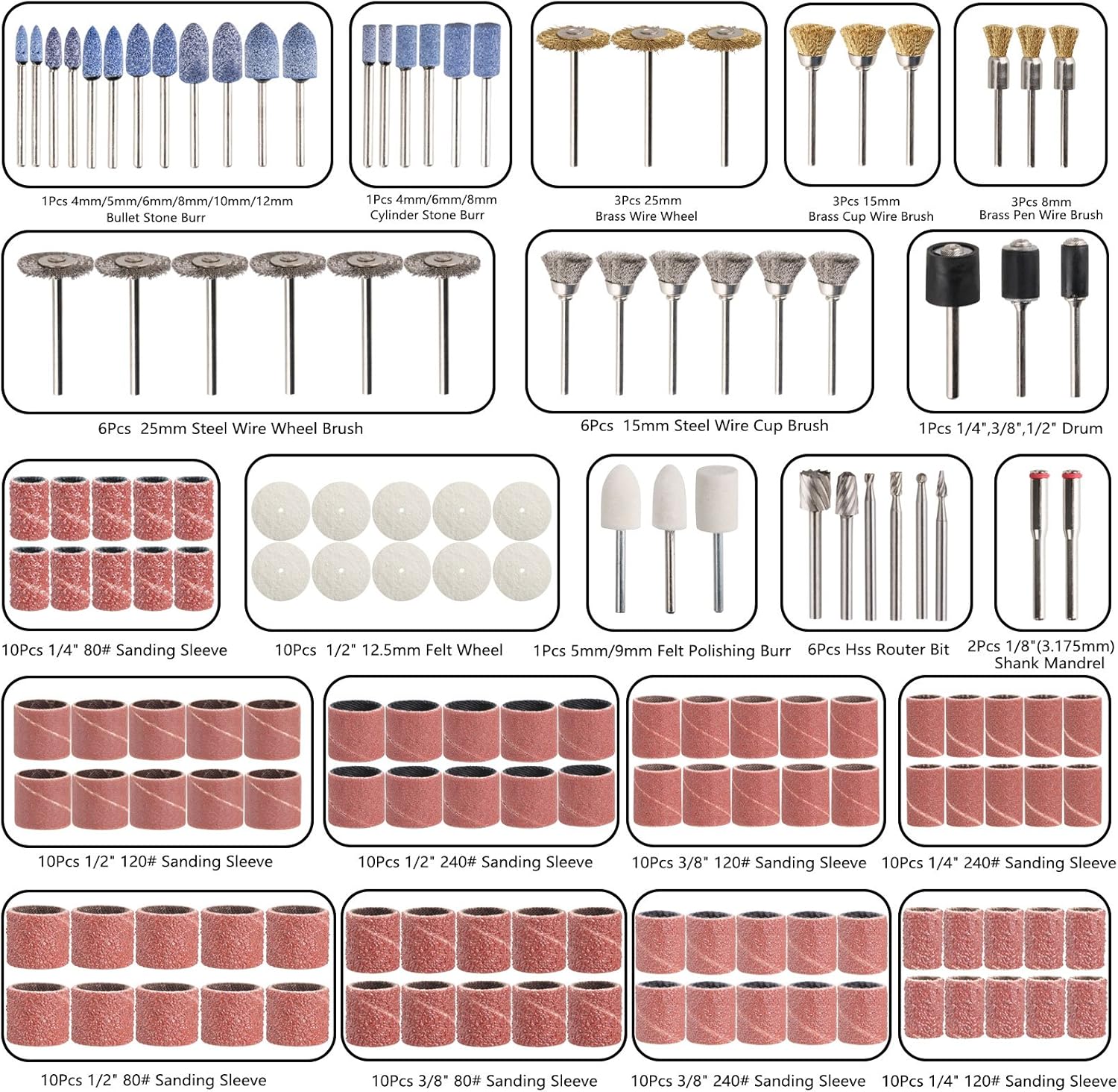 Detalle 2 de Kit d’accessoires pour outil rotatif ZFE A0617 (217 pièces, 1/8" / 3,2 mm) avec 2 mandrins universels