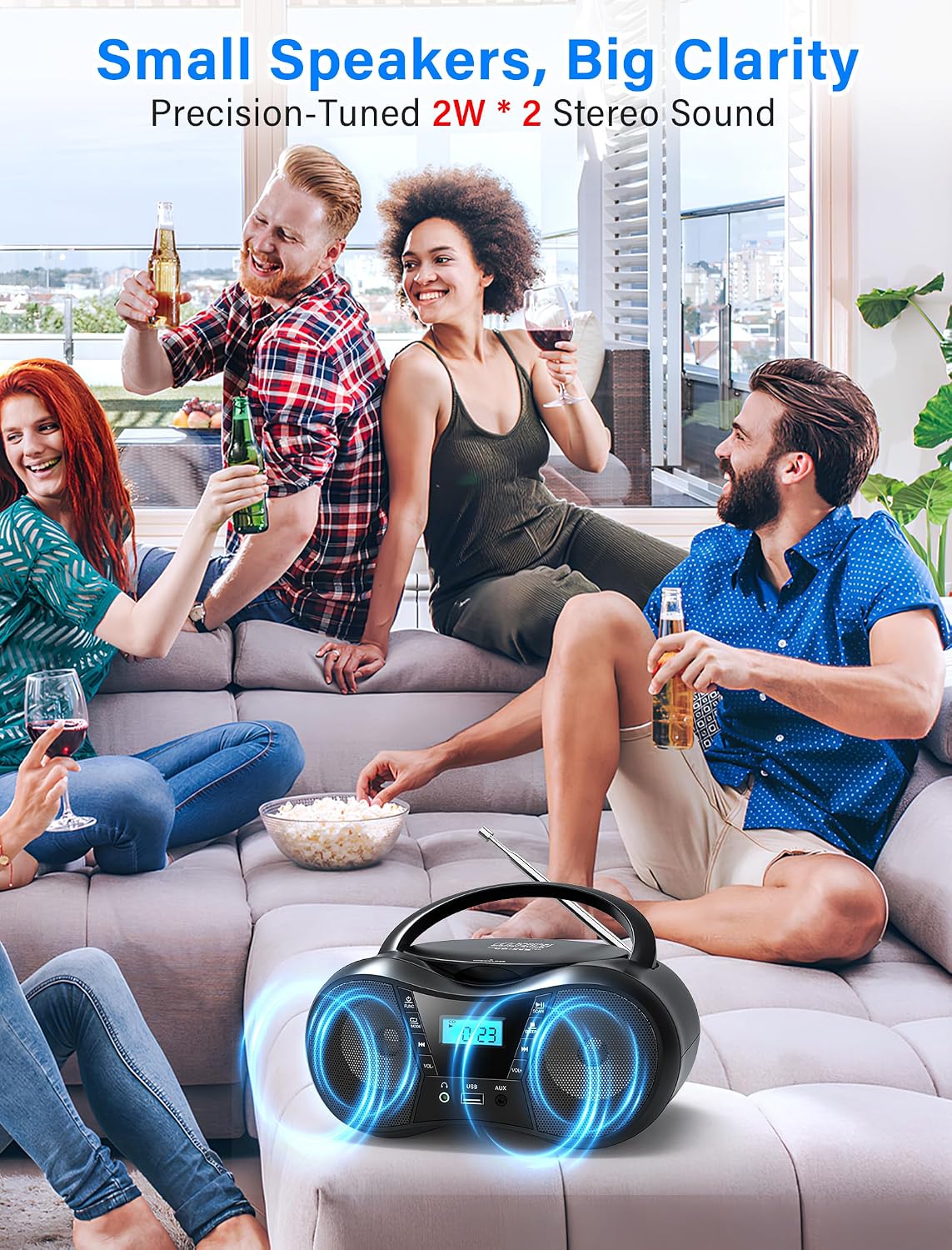 Detalle 1 de Greadio CD-X9B Portable Boombox CD Player with Bluetooth, FM Radio, USB and AUX