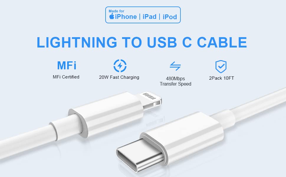 Thumbnail 4 de 2 Pack USB-C to Lightning Cable (MFi Certified), 10 FT Extra-Long iPhone Charger Cord