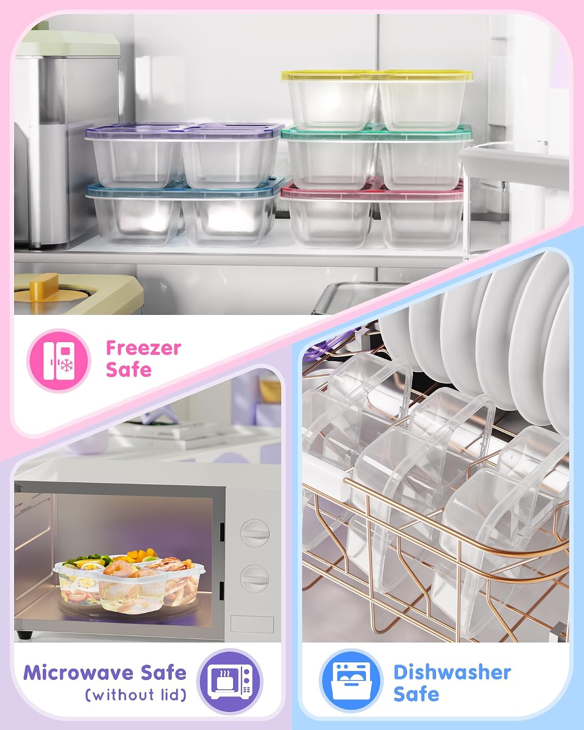 Detalle de Canfanni 5-Piece Bento Snack Containers, Clear 4-Compartment, 2-Cup Capacity