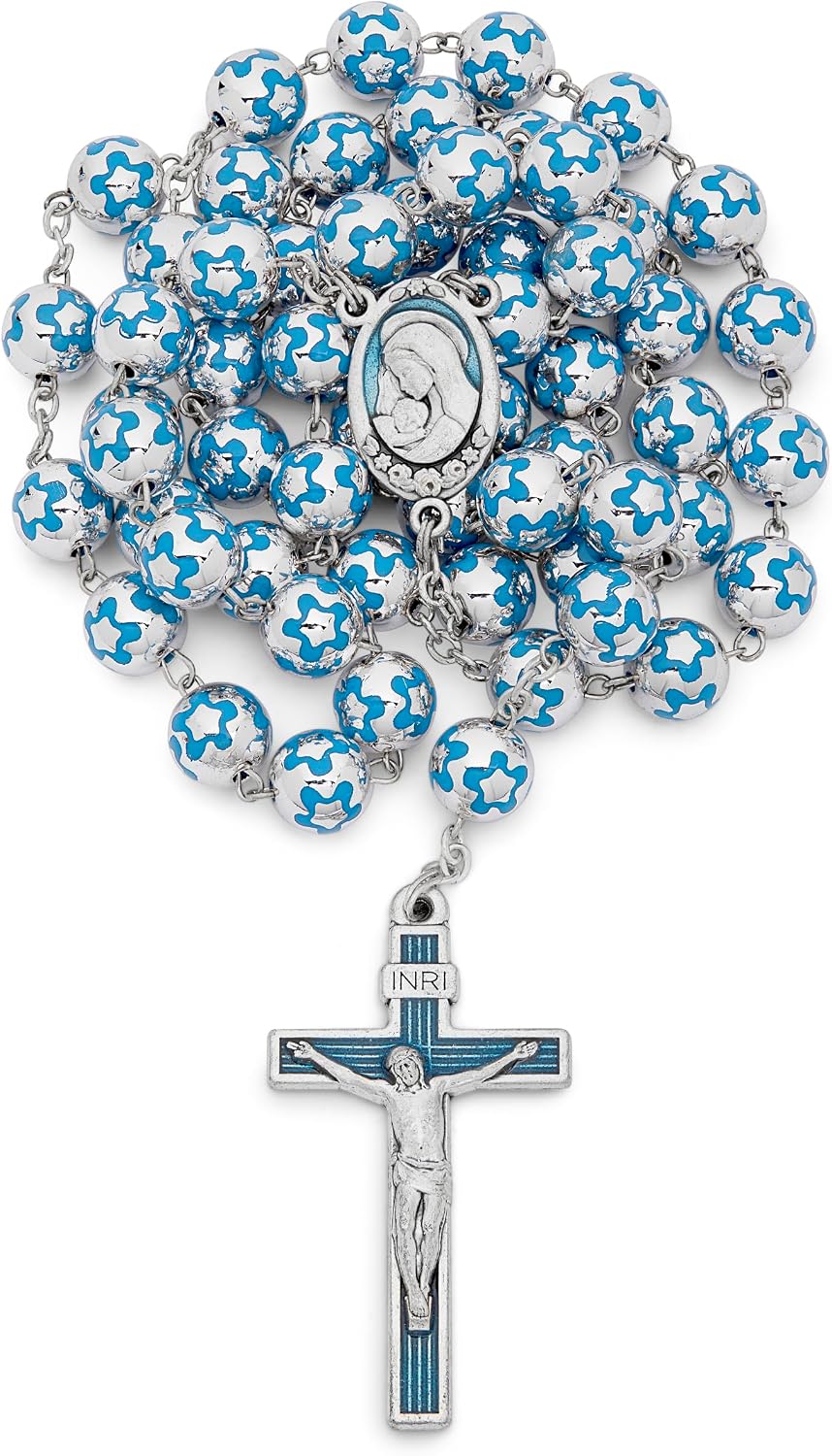 Detalle 2 de Rosario Cattolico della Madonna col Bambino in grani color Argento decorati con fiorellini