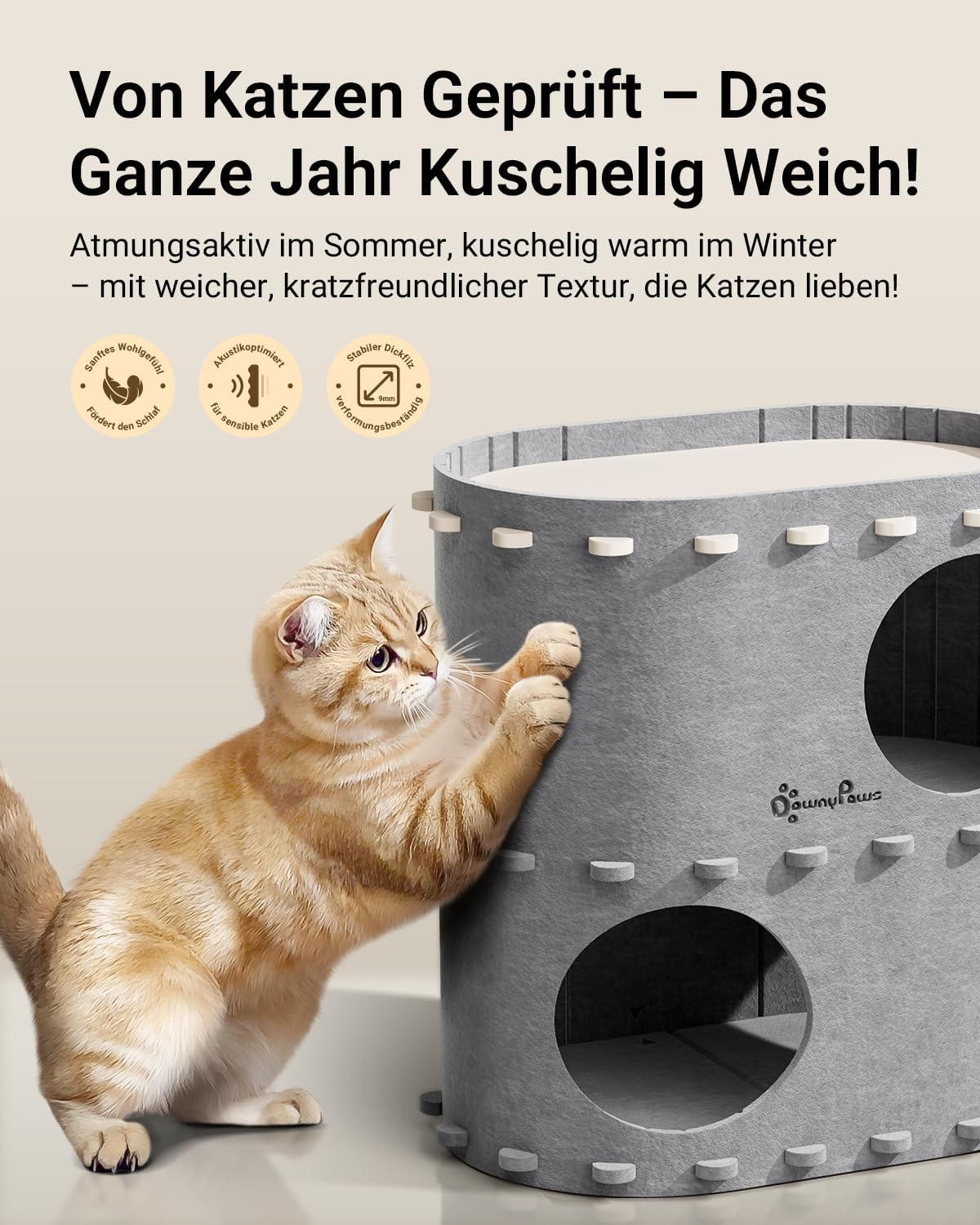 Detalle de DownyPaws Katzenhöhle Filz 2-stöckig 50x33x50