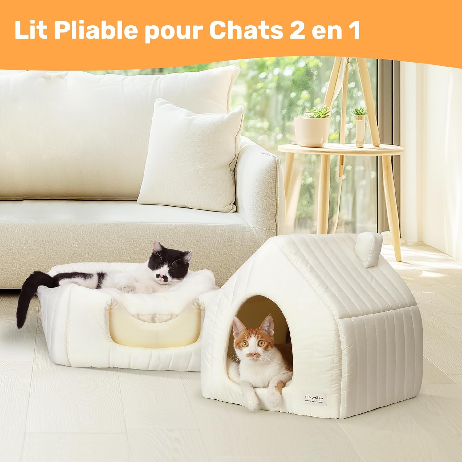 Thumbnail 2 de FUKUMARU lit pour chat d’intérieur 2 en 1 avec coussin amovible lavable (45 cm)