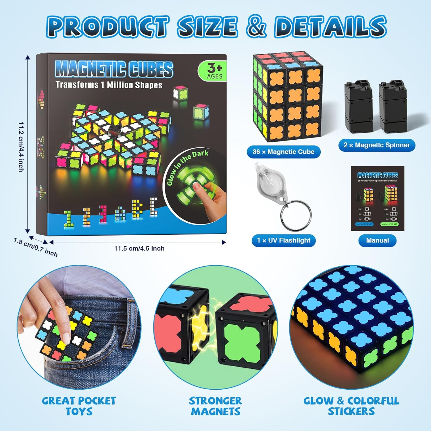 Thumbnail 6 de Magnetic Fidget Toy with 36 Glow-in-the-Dark Blocks (LED) – DIY Magnetic Spin Top Sensory STEM Toy