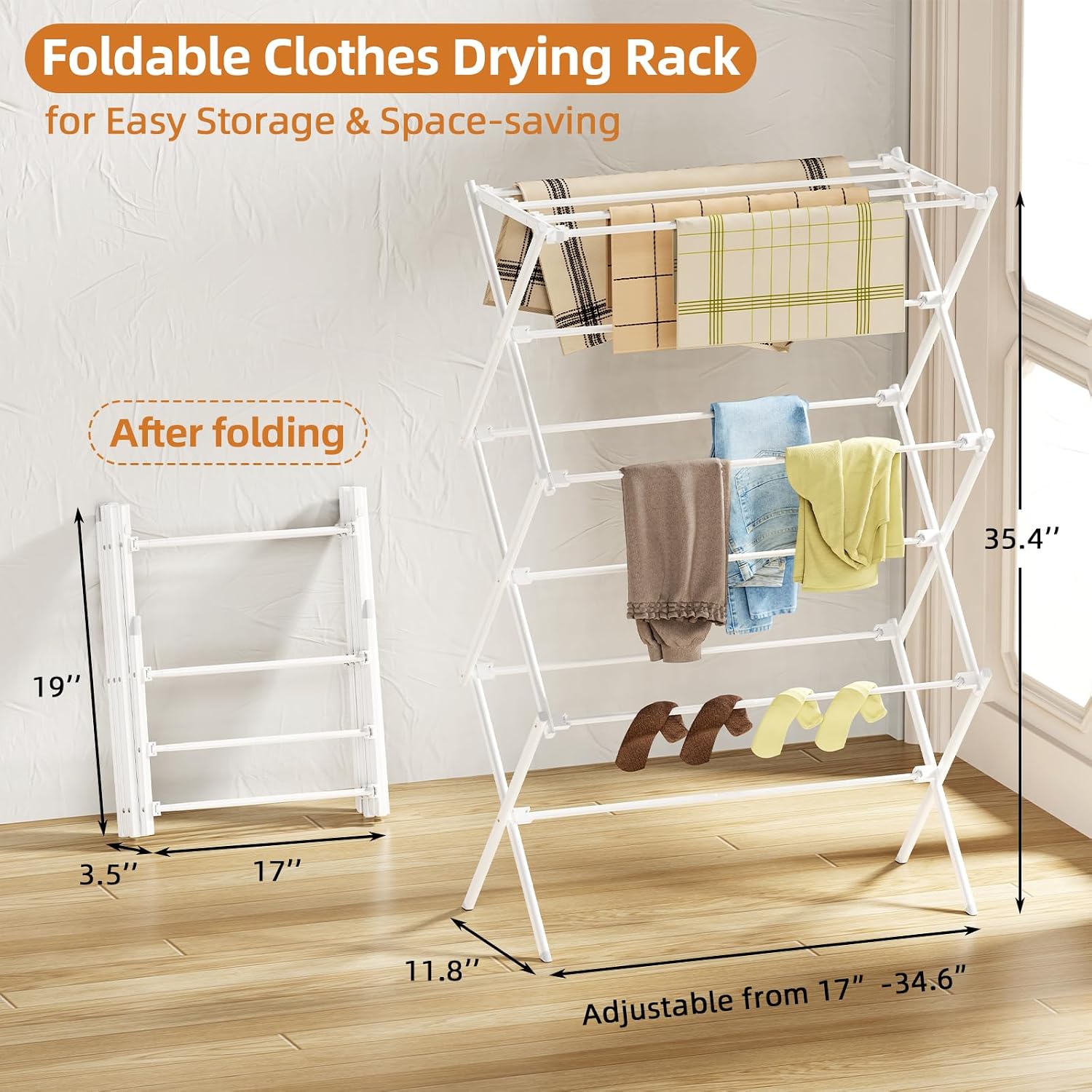 Detalle 2 de FILROUG 3-Tier Clothes Drying Rack, Foldable Steel Frame, White