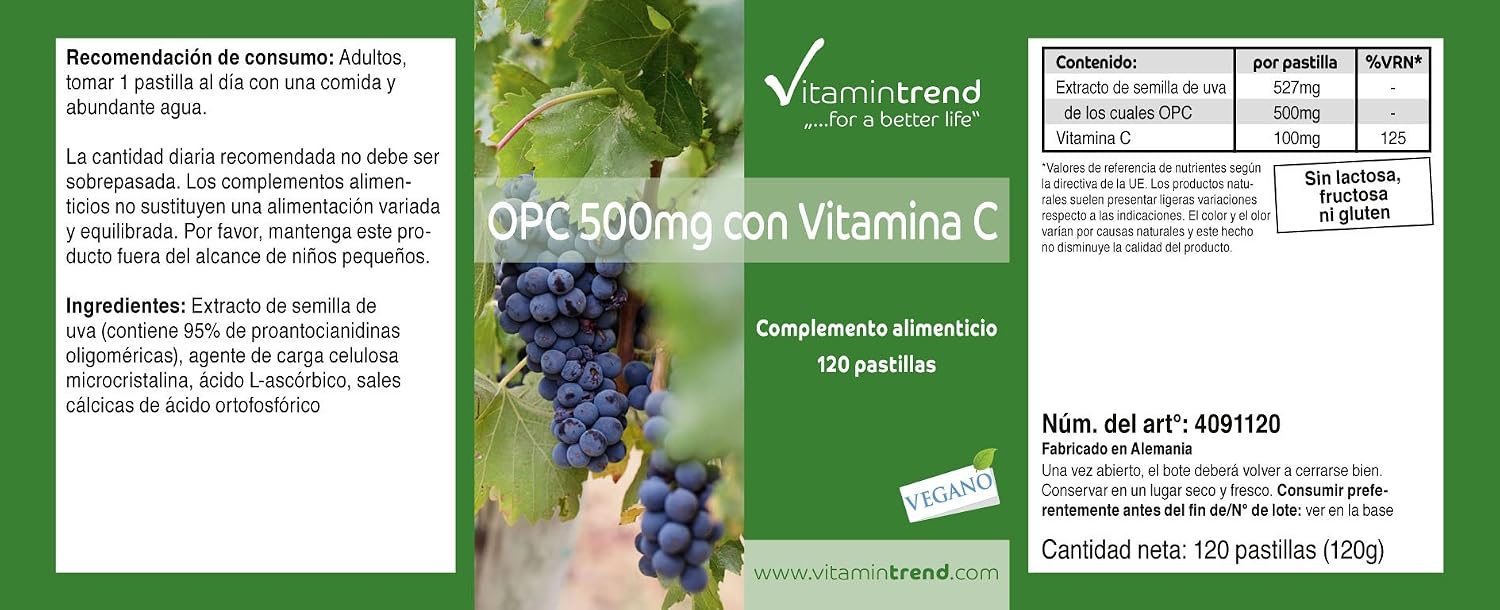 Detalle de Vitamintrend OPC 500 mg mit Vitamin C – Traubenkernextrakt, 120 Tabletten, vegan, hergestellt in Deutschland