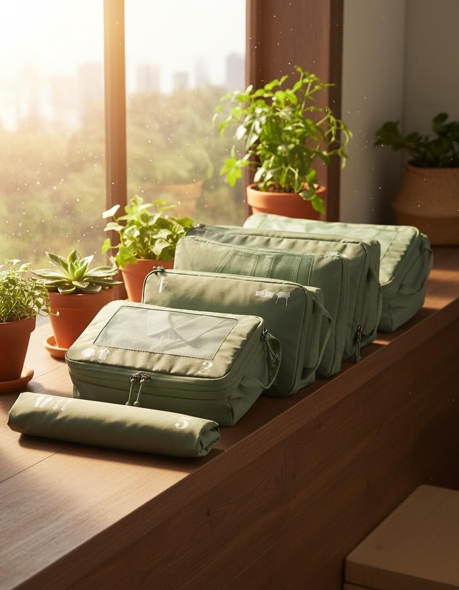 Detalle 2 de ECOHUB set 5 organizer valigia compressibili con scomparto extra e sacchetti travel esssentials (verde)