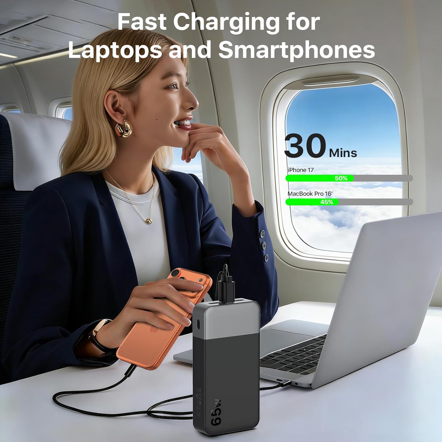 Detalle 2 de NOBIS Powerbank 20000mAh 65W Schnellladung – Vielseitige Tragbare Energiequelle mit Digitalanzeige