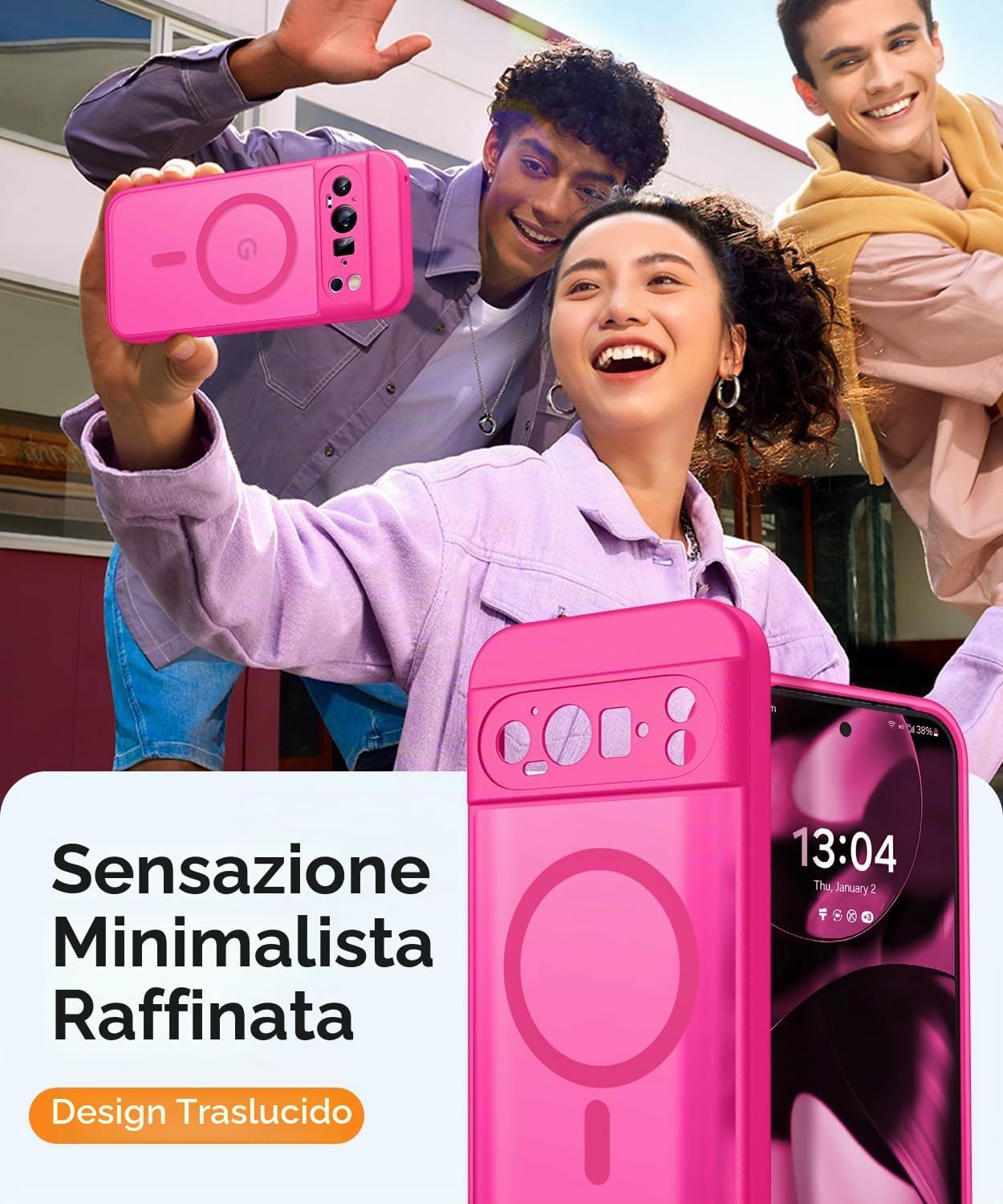 Detalle 2 de CANSHN Cover magnetica per Google Pixel 9 Pro (6,3) – Protezione fotocamera a copertura totale, rosa calda